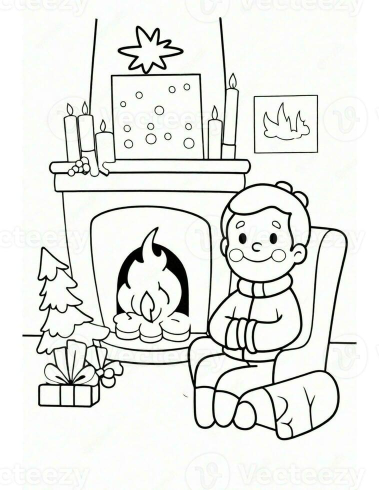 boy by the fireplace coloring page for winter and christmas for kids photo