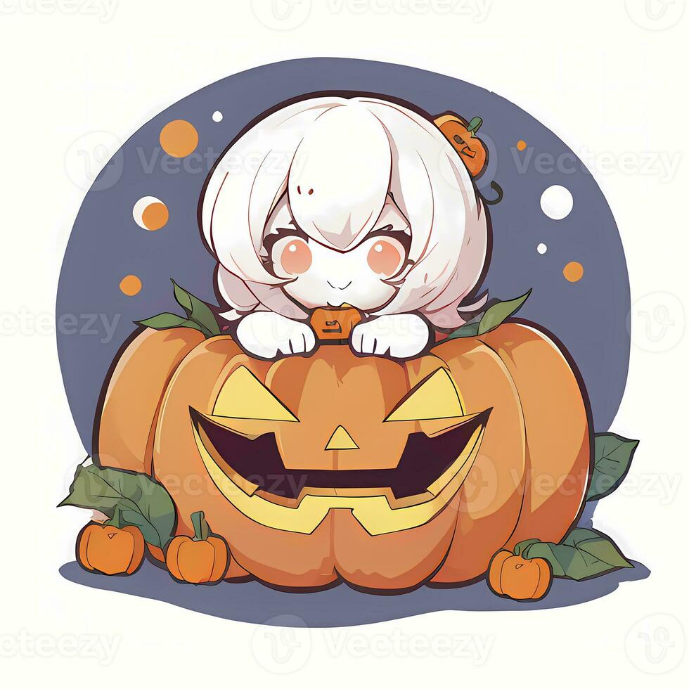 Cute Chibi Girl On Top of Pumpkin Halloween Sticker Cartoon Illustration Style photo
