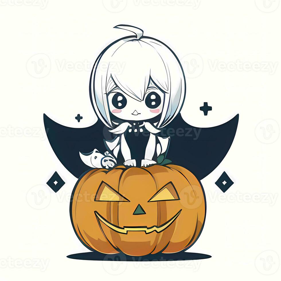 linda chibi niña en parte superior de calabaza Víspera de Todos los Santos pegatina dibujos animados ilustración estilo foto