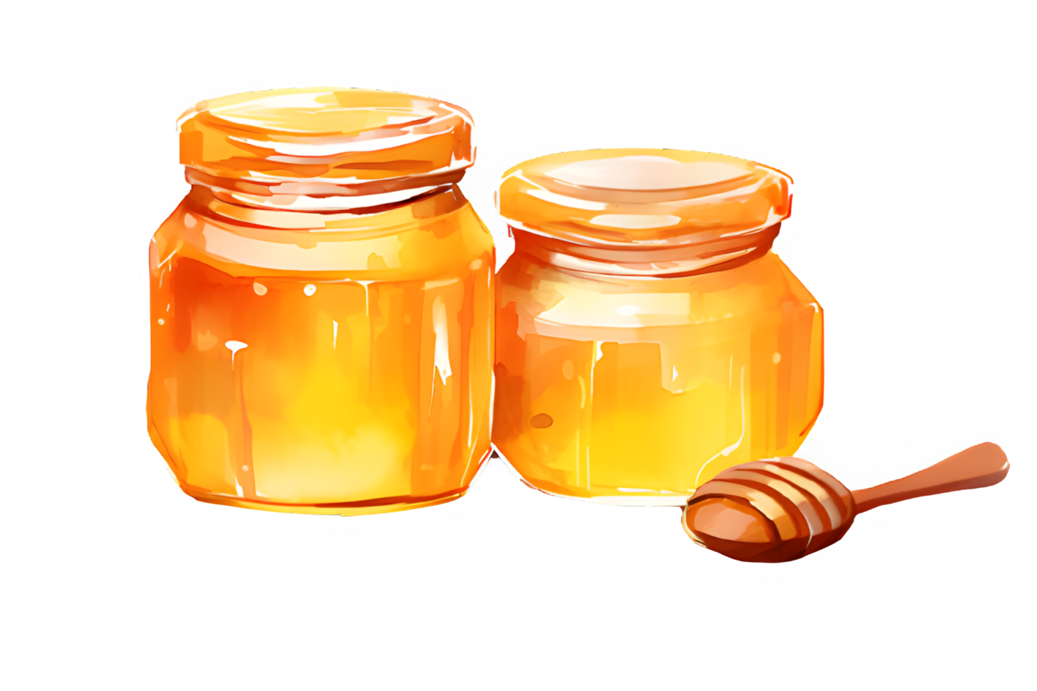 a watercolor honey jar with a lid and a bee on a transparent background. ai generative png