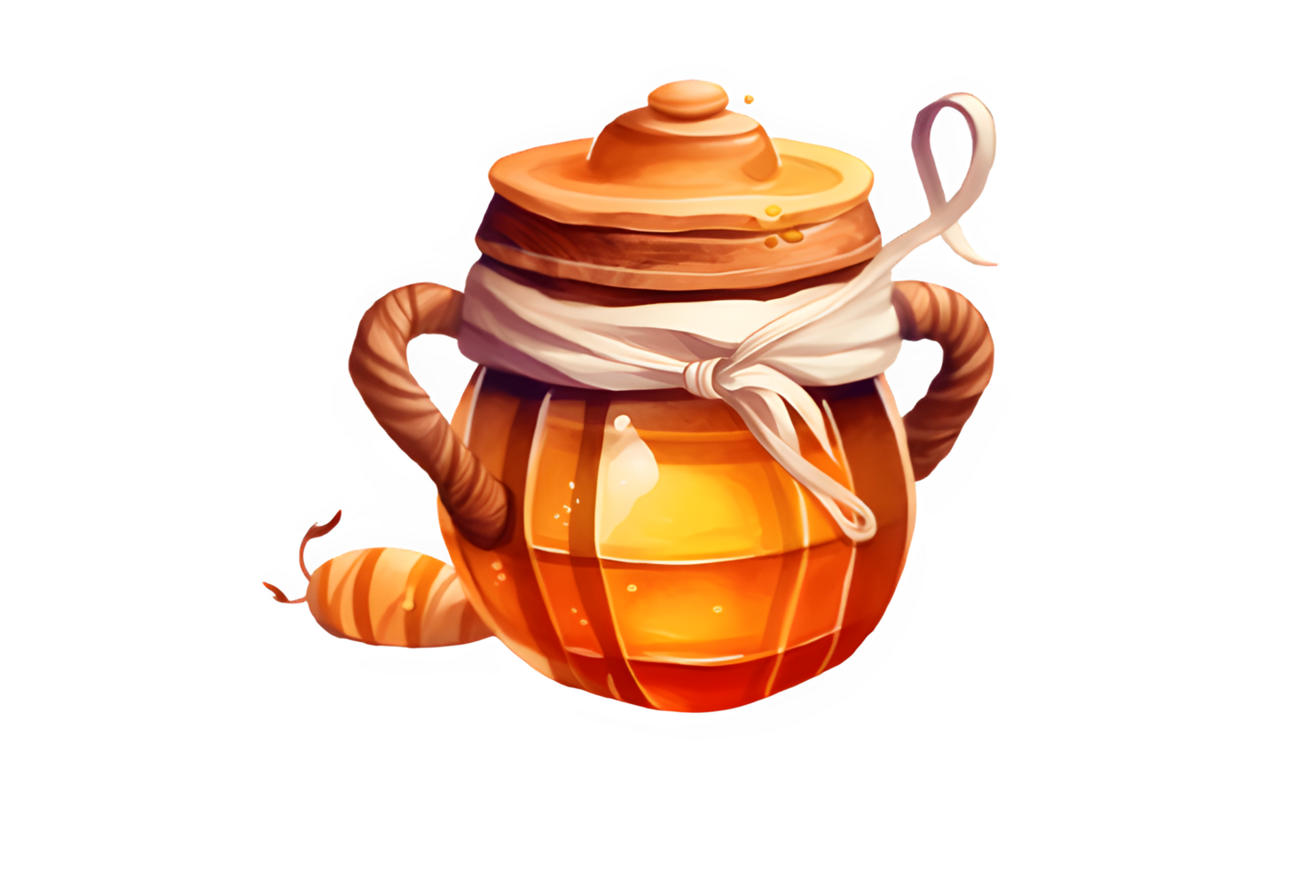 a watercolor honey jar with a lid and a bee on a transparent background. ai generative png
