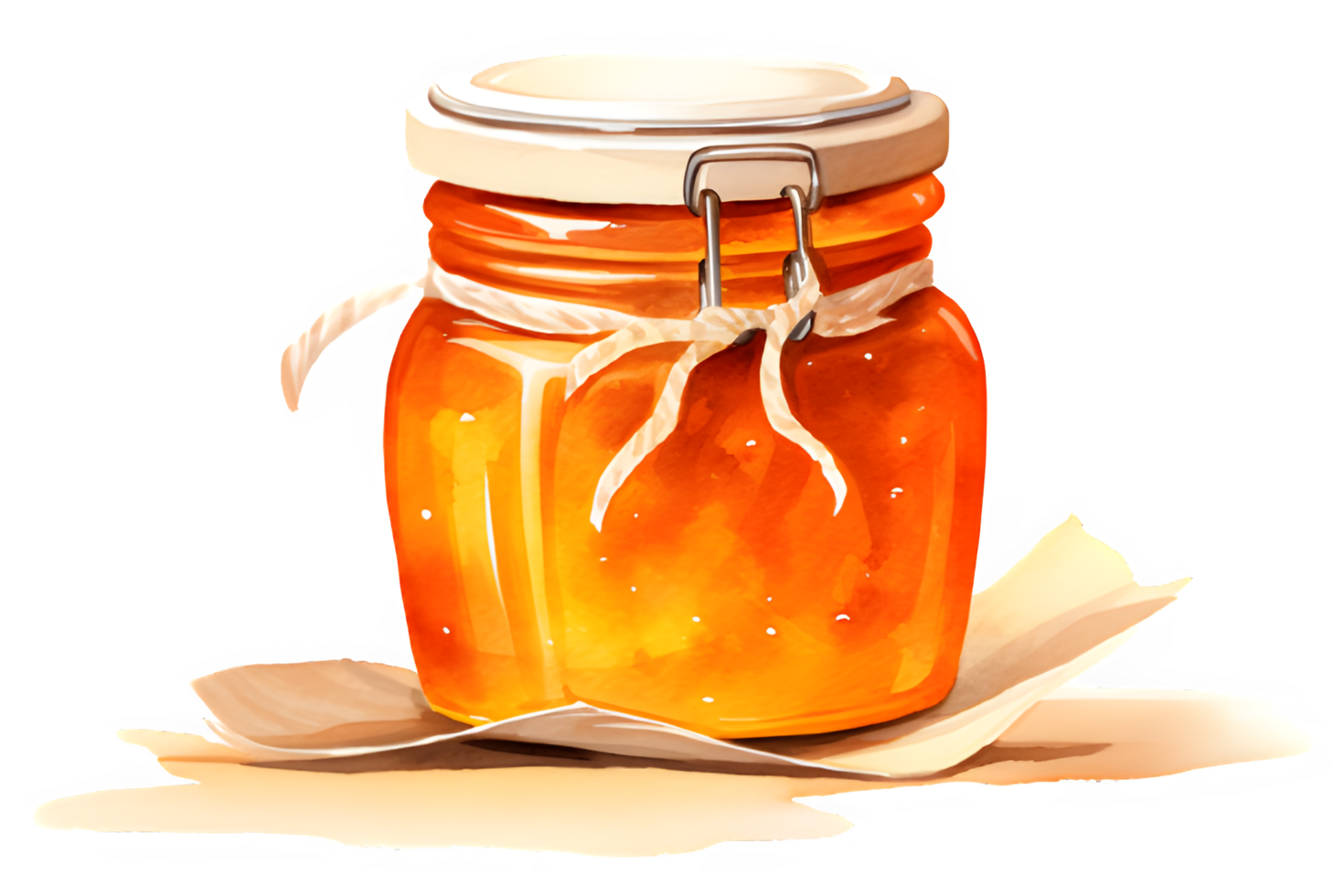 a watercolor honey jar with a lid and a bee on a transparent background. ai generative png