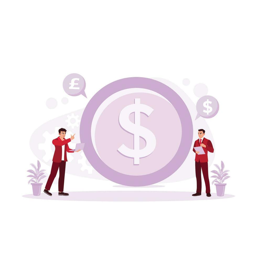 Two business people are using the laptop and digital tablet. Shop online and earn cash back. Dollars, yen. Cashback concept. trend modern vector flat illustration