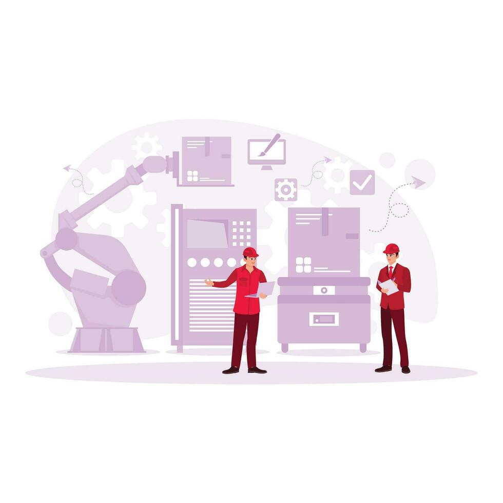 Project Head Holding Laptop and Discussing Product Details with the Chief Engineer at a heavy industrial manufacturing plant. Engineering concept. Trend Modern vector flat illustration