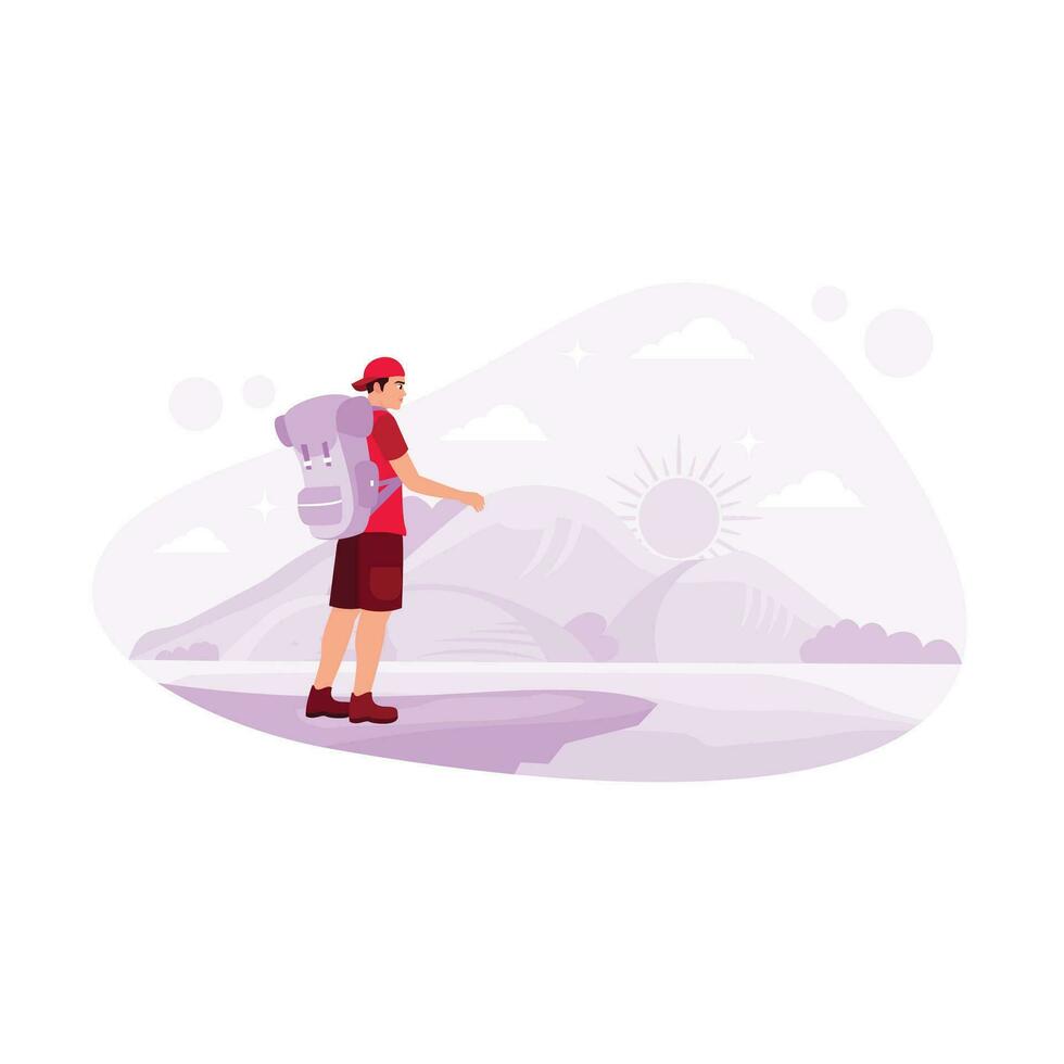 A young traveler climbs a mountain as the sun shines. Hiking Mountain concept. Trend Modern vector flat illustration