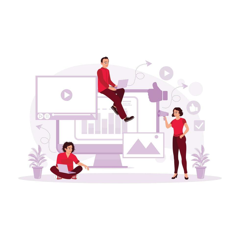 Men and women creating content on streaming platforms with digital webcams. Content Marketing concept. Trend Modern vector flat illustration