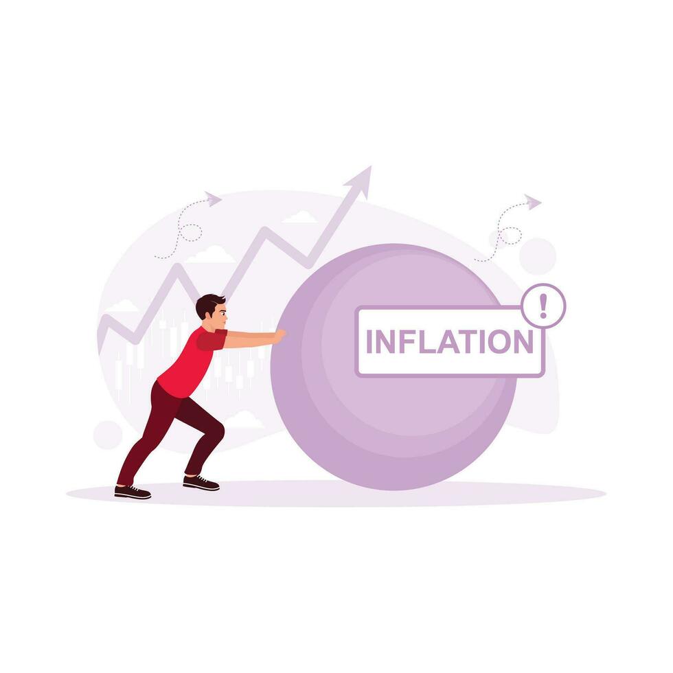 Man pushing a large rock with an inflation sign. The concept of crisis and anti-crisis management. Inflation concept. trend modern vector flat illustration