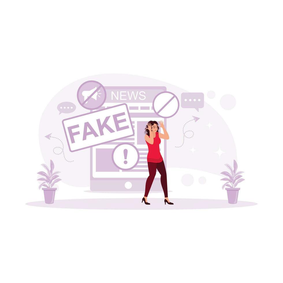 A stressed woman holding her head after hearing false information from a cell phone. Fake News concept. trend modern vector flat illustration