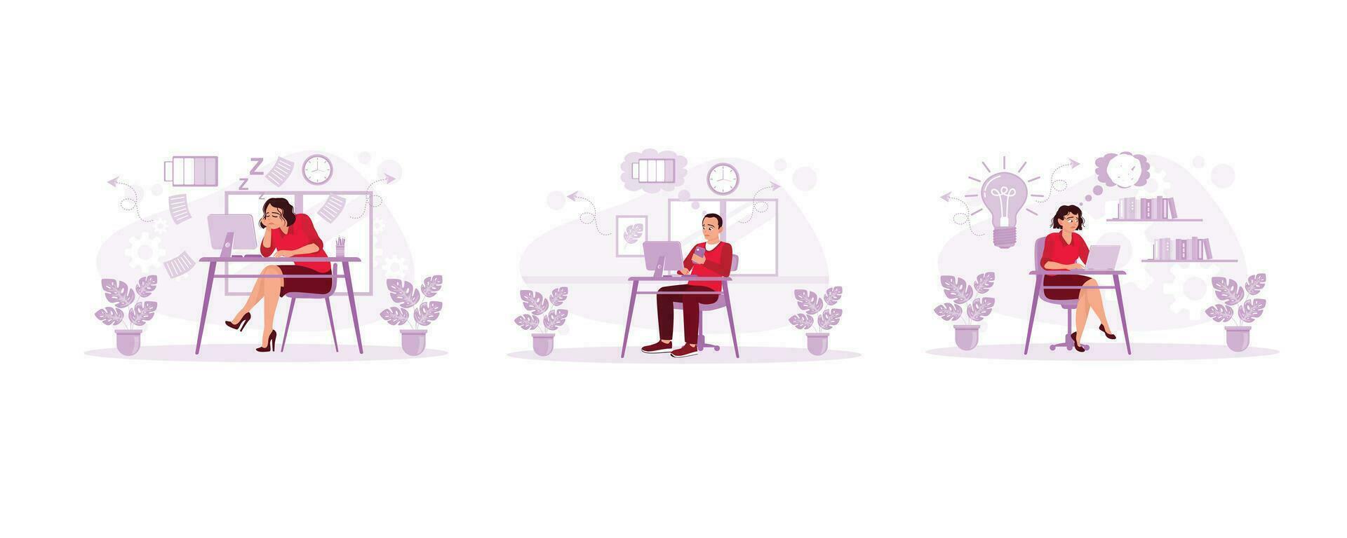 Suffering from office syndrome. Stressed worker. Tired of monotonous work. Boring Work concept. Set Trend Modern vector flat illustration