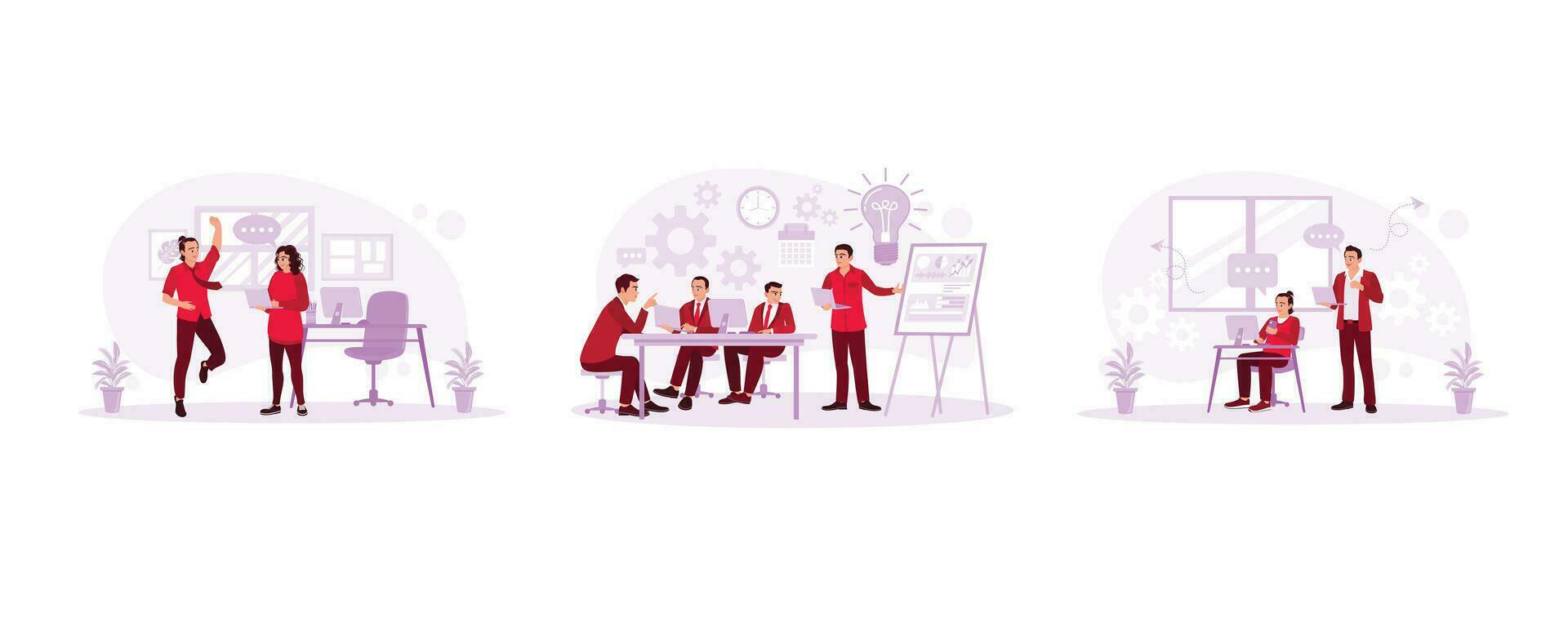 Team motivation in office work. Teamwork concept. Work with a team. Employees Working concept. Set Trend Modern vector flat illustration