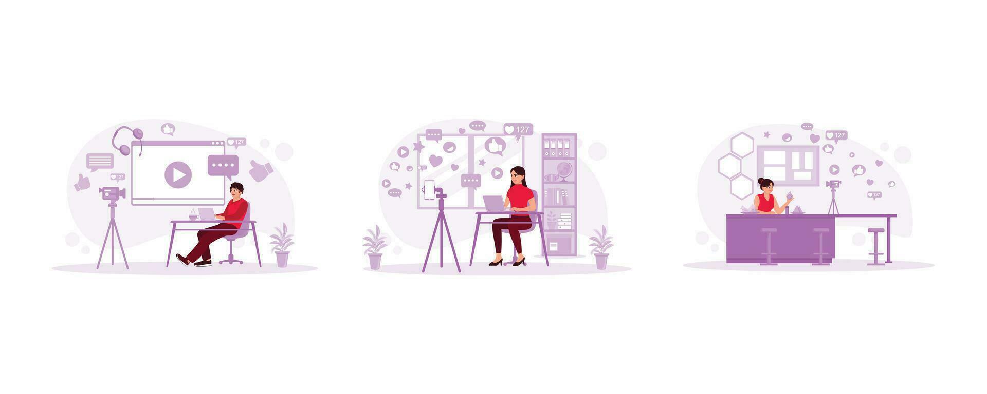 Technology blogger recording video. Stream podcasts online on mobile. A young woman in the kitchen recording video on camera. Blogger concept. set trend modern vector flat illustration