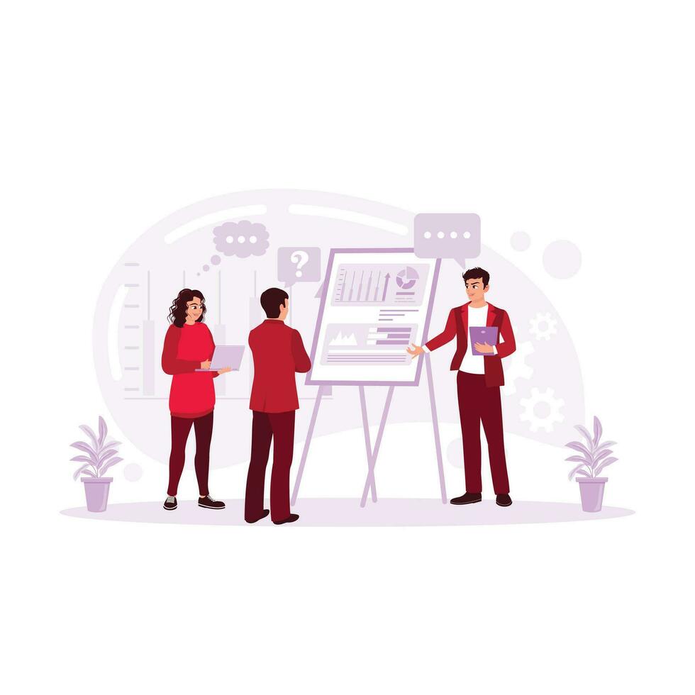 Young businessman having a meeting with colleagues analyzing economic growth in the office. Presentation concept. trend modern vector flat illustration