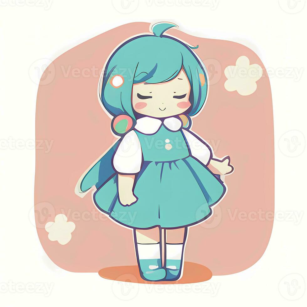 Cute Kawaii Chibi Anime Girl Sticker Wearing Pajama Simple Colorful Background photo