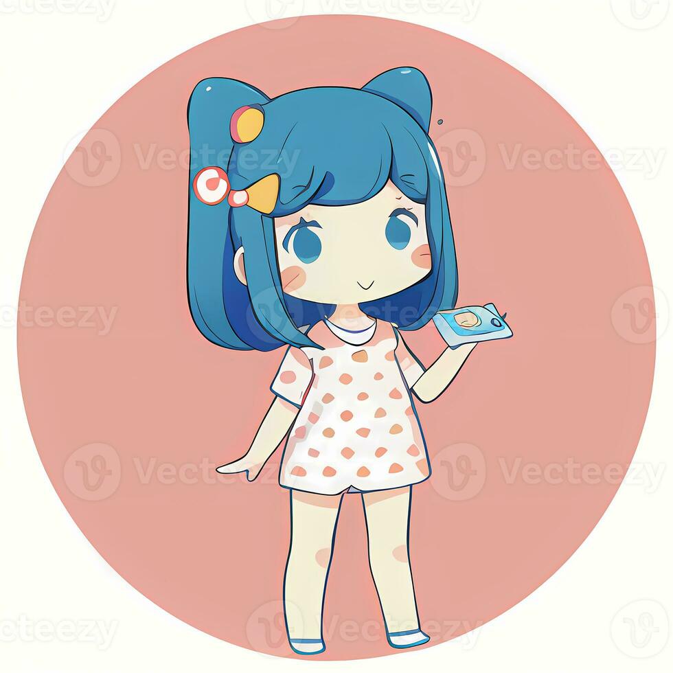 Cute Kawaii Chibi Anime Girl Sticker Wearing Pajama Simple Colorful Background photo