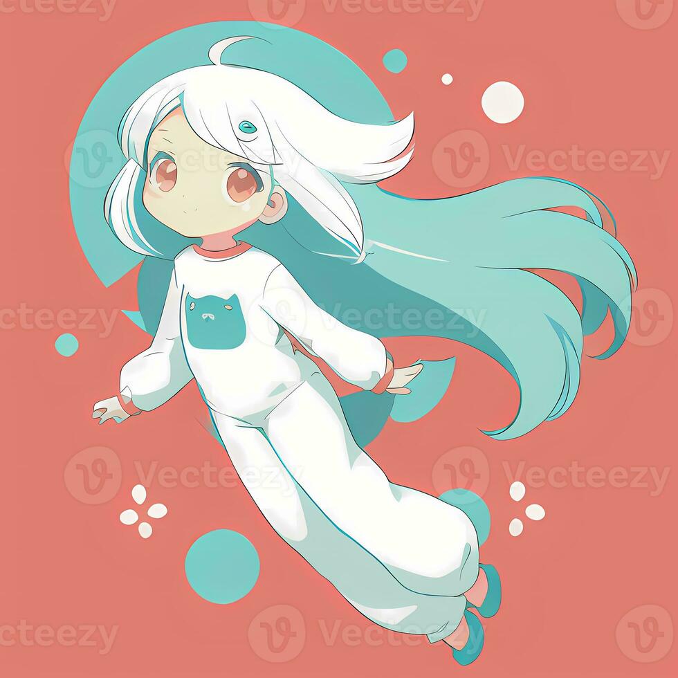 Cute Kawaii Chibi Anime Girl Sticker Wearing Pajama Simple Colorful Background photo