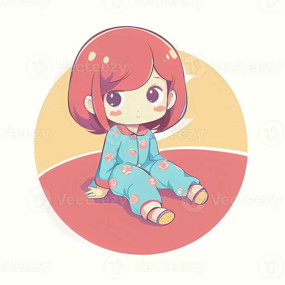 Cute Kawaii Chibi Anime Girl Sticker Wearing Pajama Simple Colorful Background photo