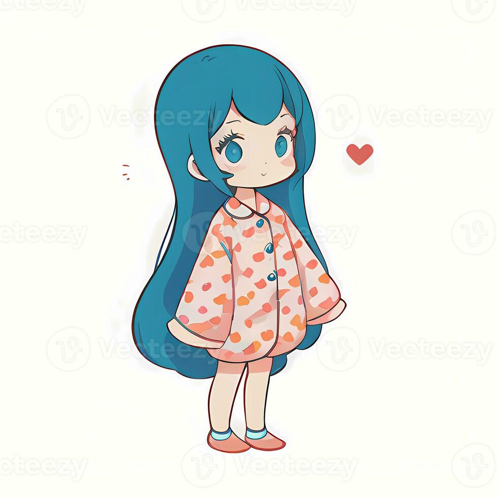 Cute Kawaii Chibi Anime Girl Sticker Wearing Pajama Simple Colorful Background photo