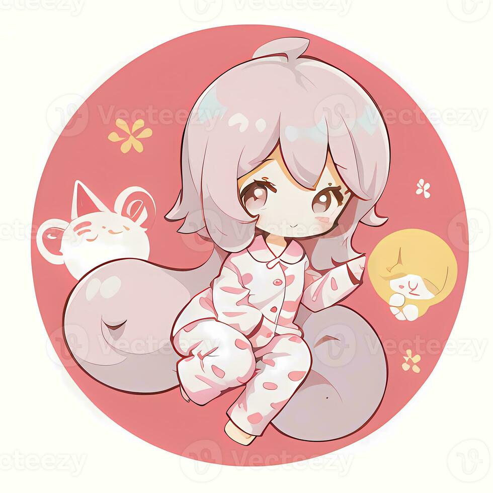 Cute Kawaii Chibi Anime Girl Sticker Wearing Pajama Simple Colorful Background photo