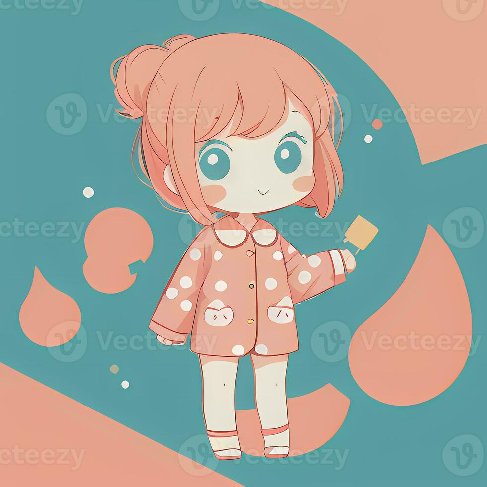 linda kawaii chibi anime niña pegatina vistiendo pijama sencillo vistoso antecedentes foto