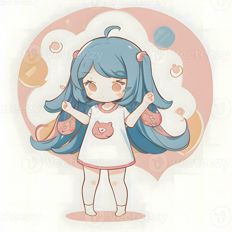 linda kawaii chibi anime niña pegatina vistiendo pijama sencillo vistoso antecedentes foto