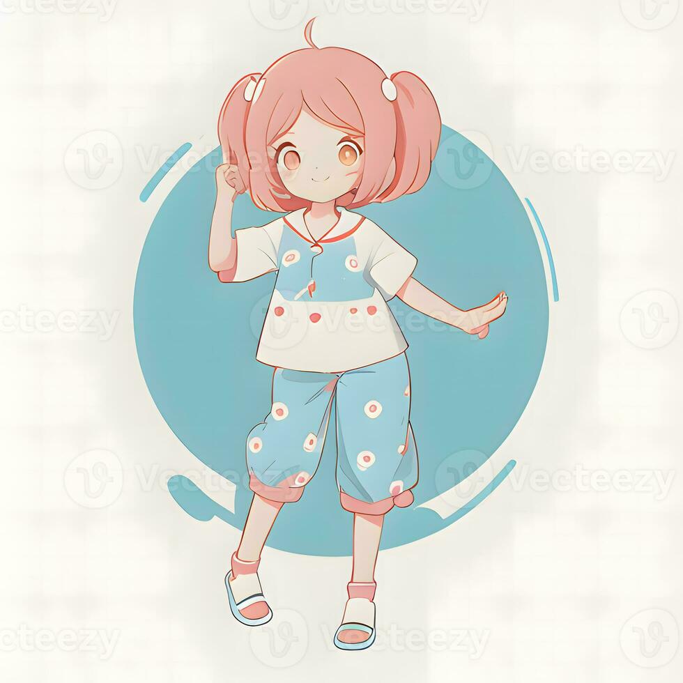 linda kawaii chibi anime niña pegatina vistiendo pijama sencillo vistoso antecedentes foto