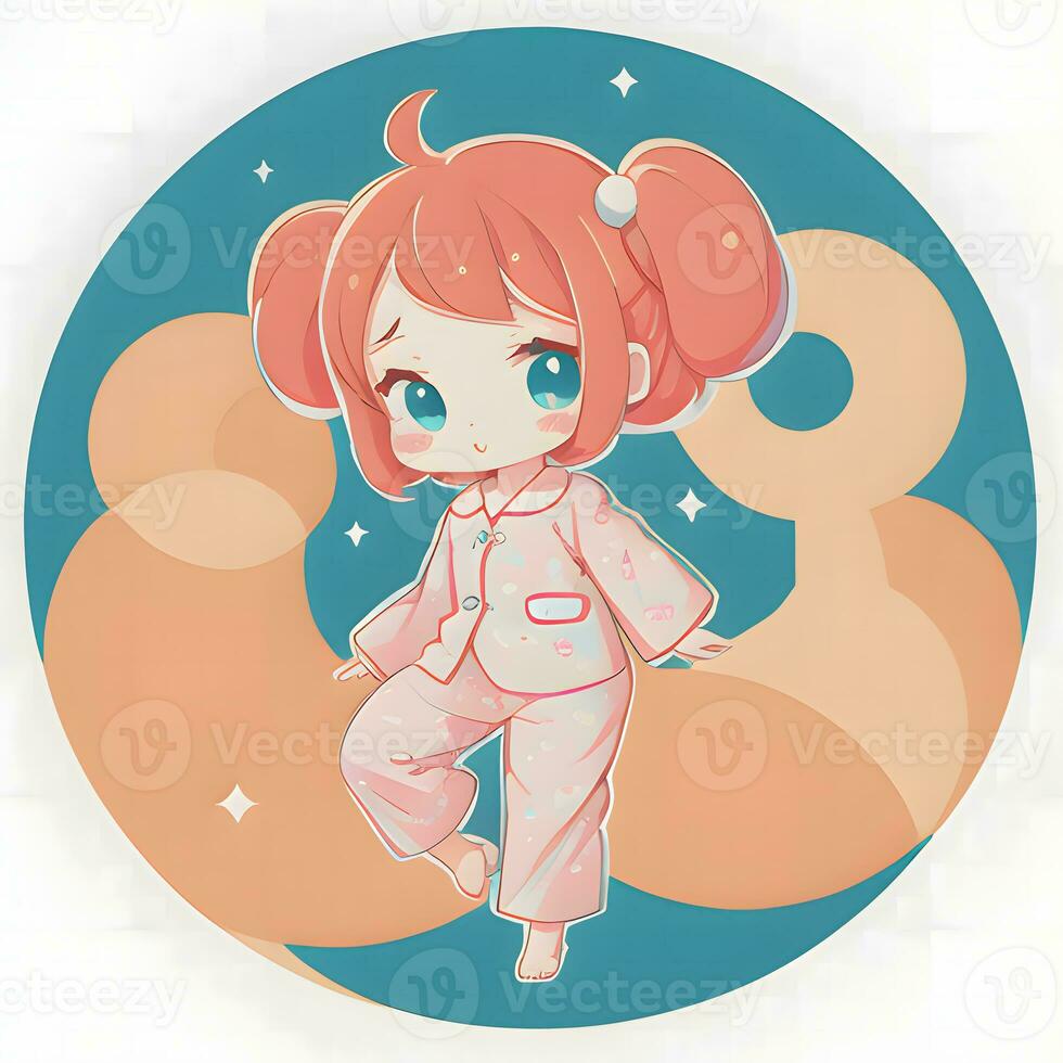 Cute Kawaii Chibi Anime Girl Sticker Wearing Pajama Simple Colorful Background photo