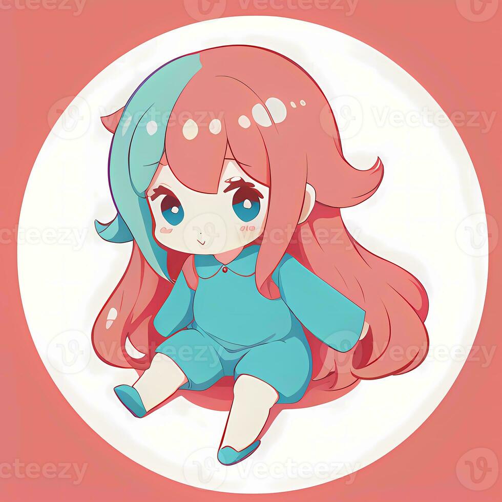 Cute Kawaii Chibi Anime Girl Sticker Wearing Pajama Simple Colorful Background photo