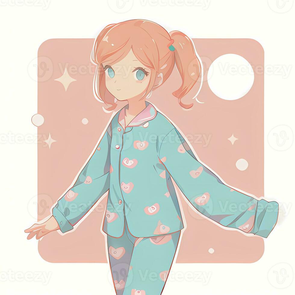 Cute Kawaii Chibi Anime Girl Sticker Wearing Pajama Simple Colorful Background photo