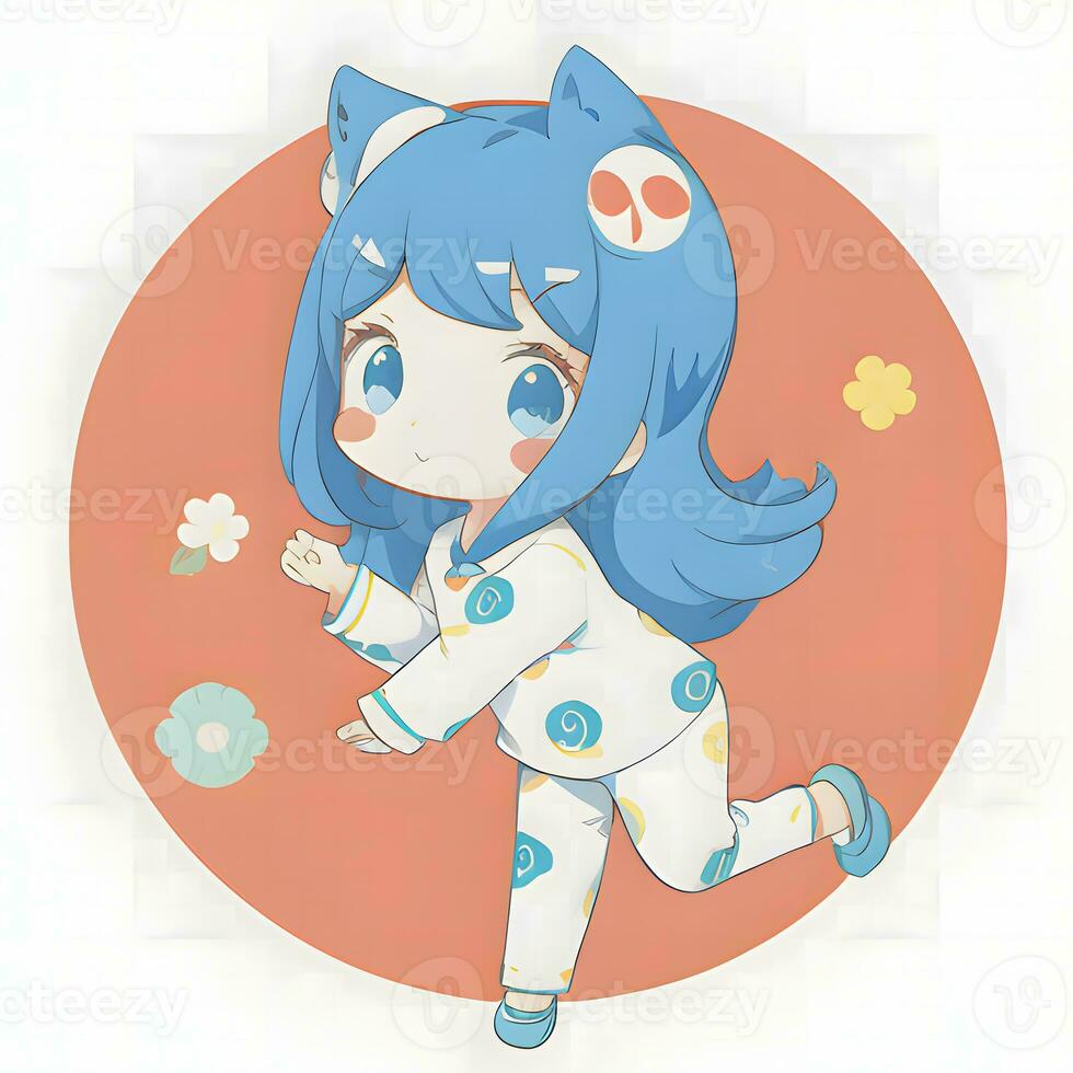 Cute Kawaii Chibi Anime Girl Sticker Wearing Pajama Simple Colorful Background photo