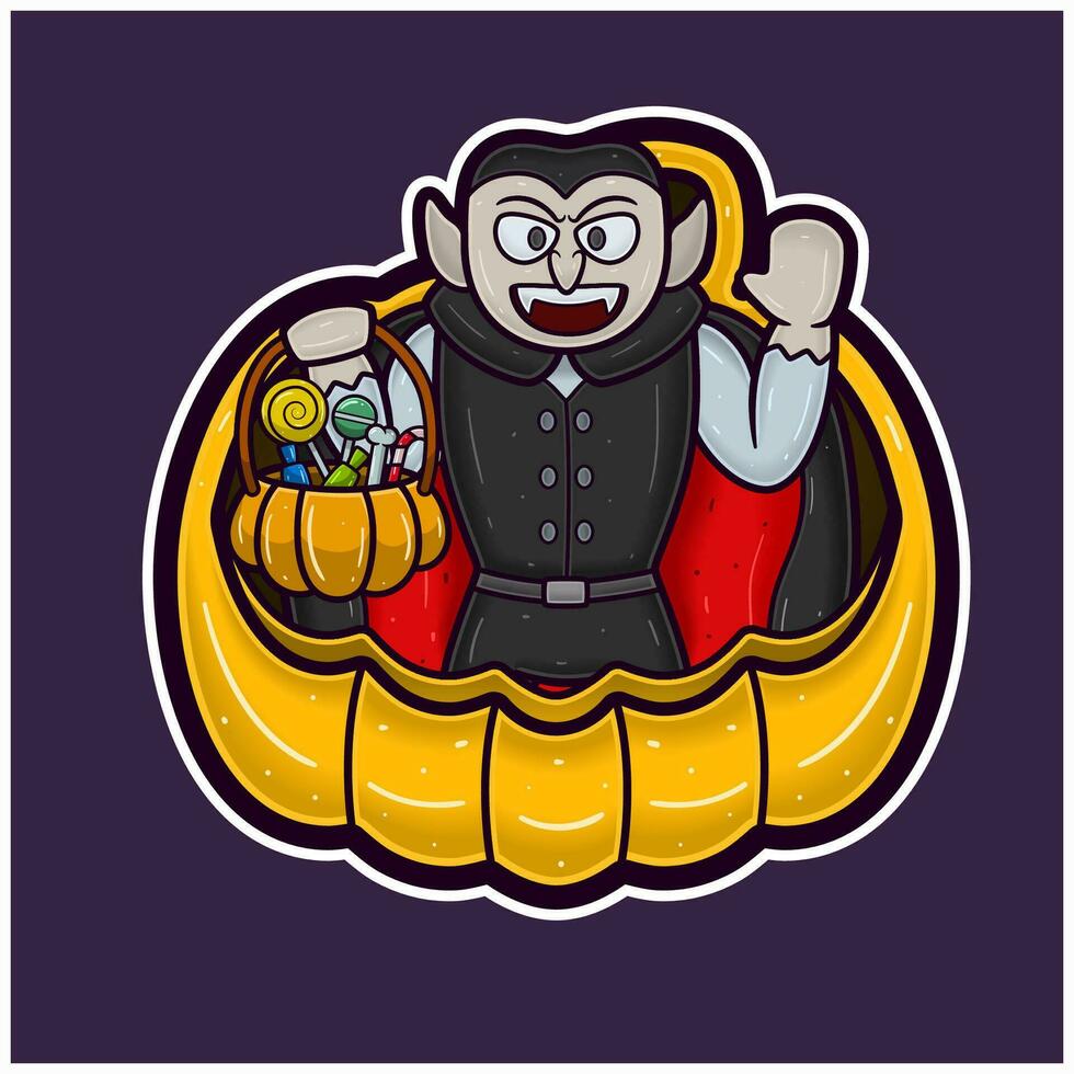 Dracula On Big Pumpkin Cartoon. Halloween Sticker Logo. vector