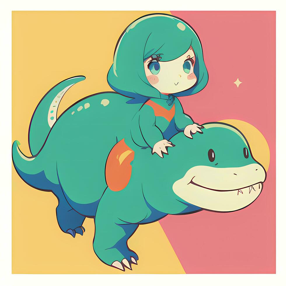 Cute Kawaii Chibi Anime Girl Sticker Cute Animal Suit Pajama Simple Colorful Background photo