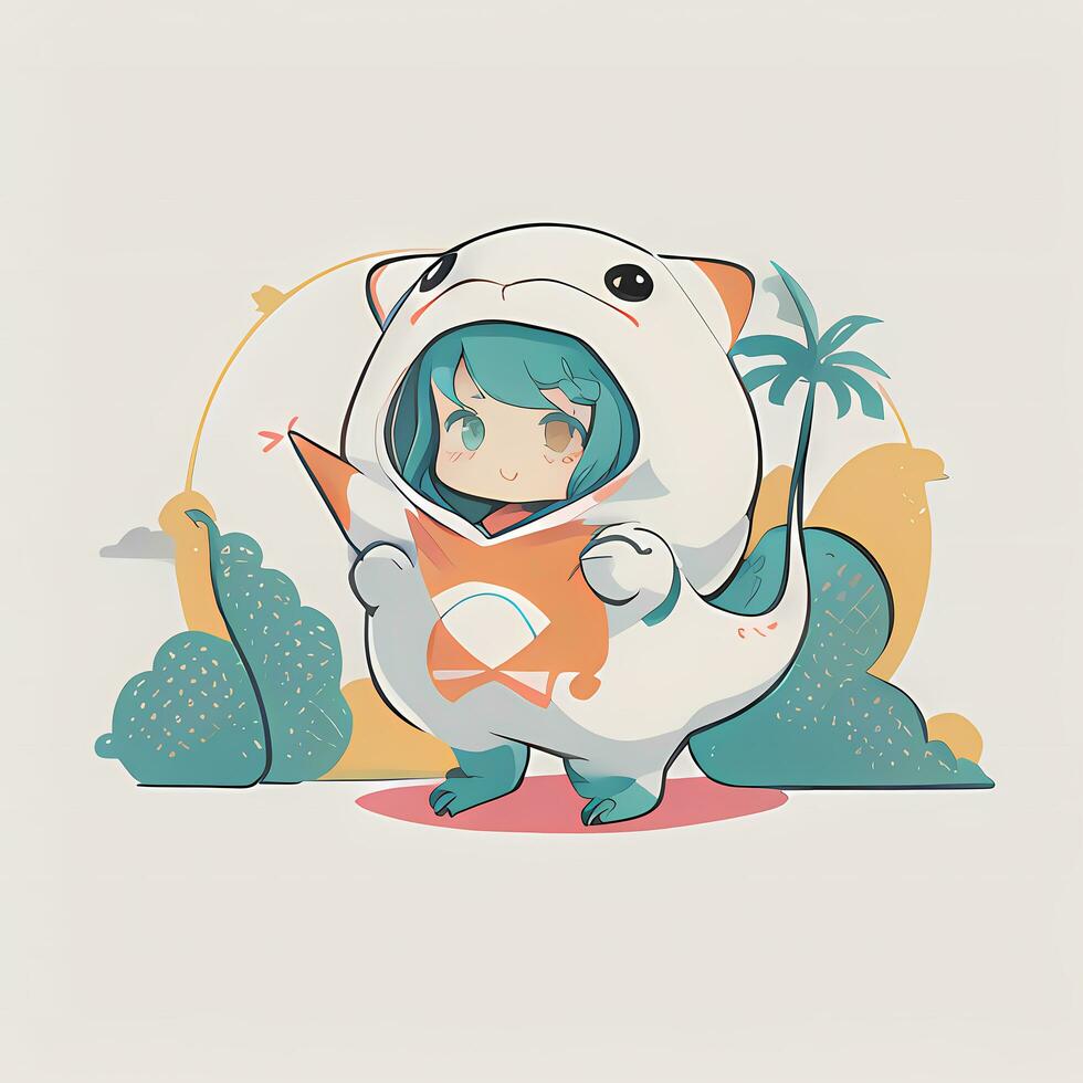 Cute Kawaii Chibi Anime Girl Sticker Cute Animal Suit Pajama Simple Colorful Background photo