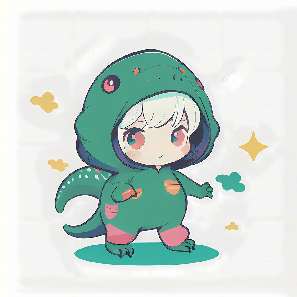 Cute Kawaii Chibi Anime Girl Sticker Cute Animal Suit Pajama Simple Colorful Background photo