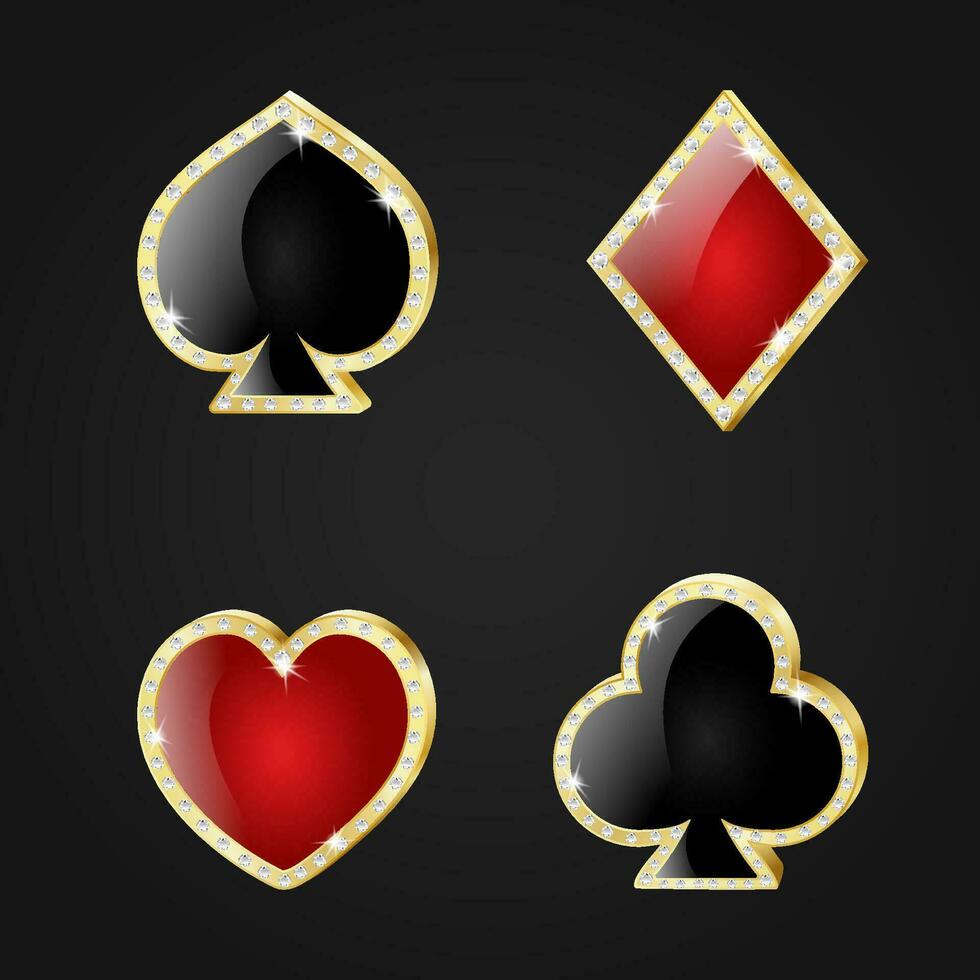 Card suits in gold frame Hearts, spades, diamonds, clubs. Isolated, decorated with vector diamonds on a black background. Vector illustration