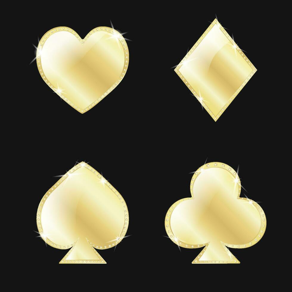 dorado tarjeta trajes corazones, espadas, diamantes, clubs. decorado con vector diamantes en un negro antecedentes. vector ilustración