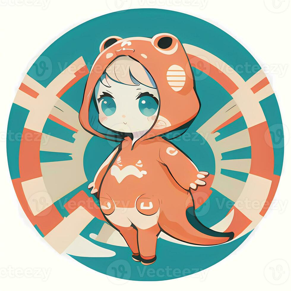 Cute Kawaii Chibi Anime Girl Sticker Cute Animal Suit Pajama Simple Colorful Background photo