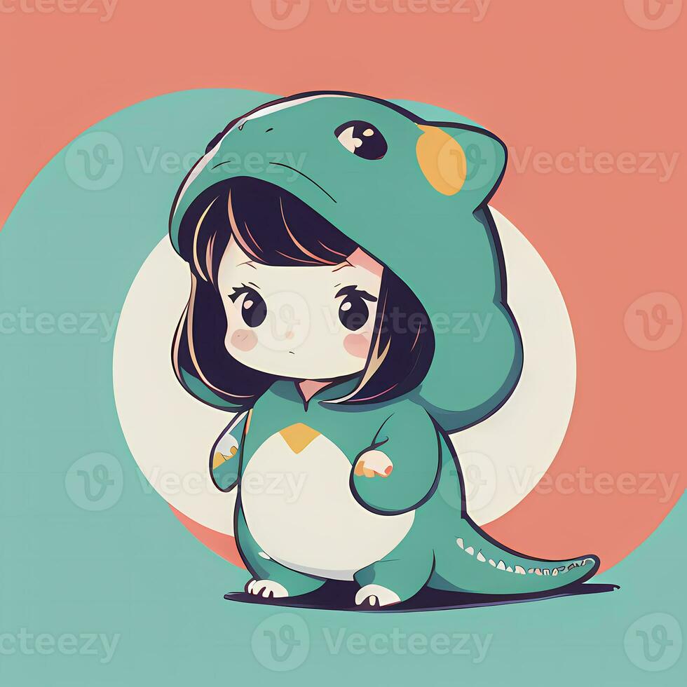 Cute Kawaii Chibi Anime Girl Sticker Cute Animal Suit Pajama Simple Colorful Background photo
