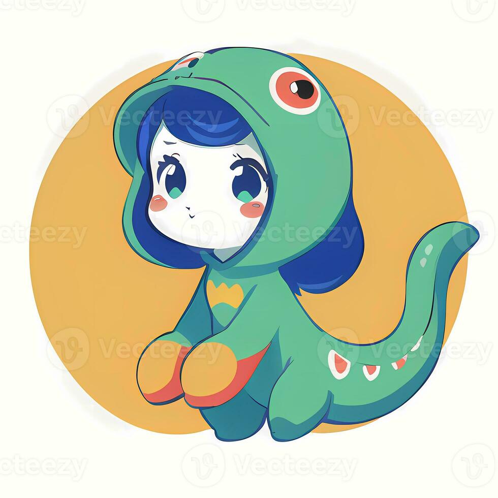 Cute Kawaii Chibi Anime Girl Sticker Cute Animal Suit Pajama Simple Colorful Background photo