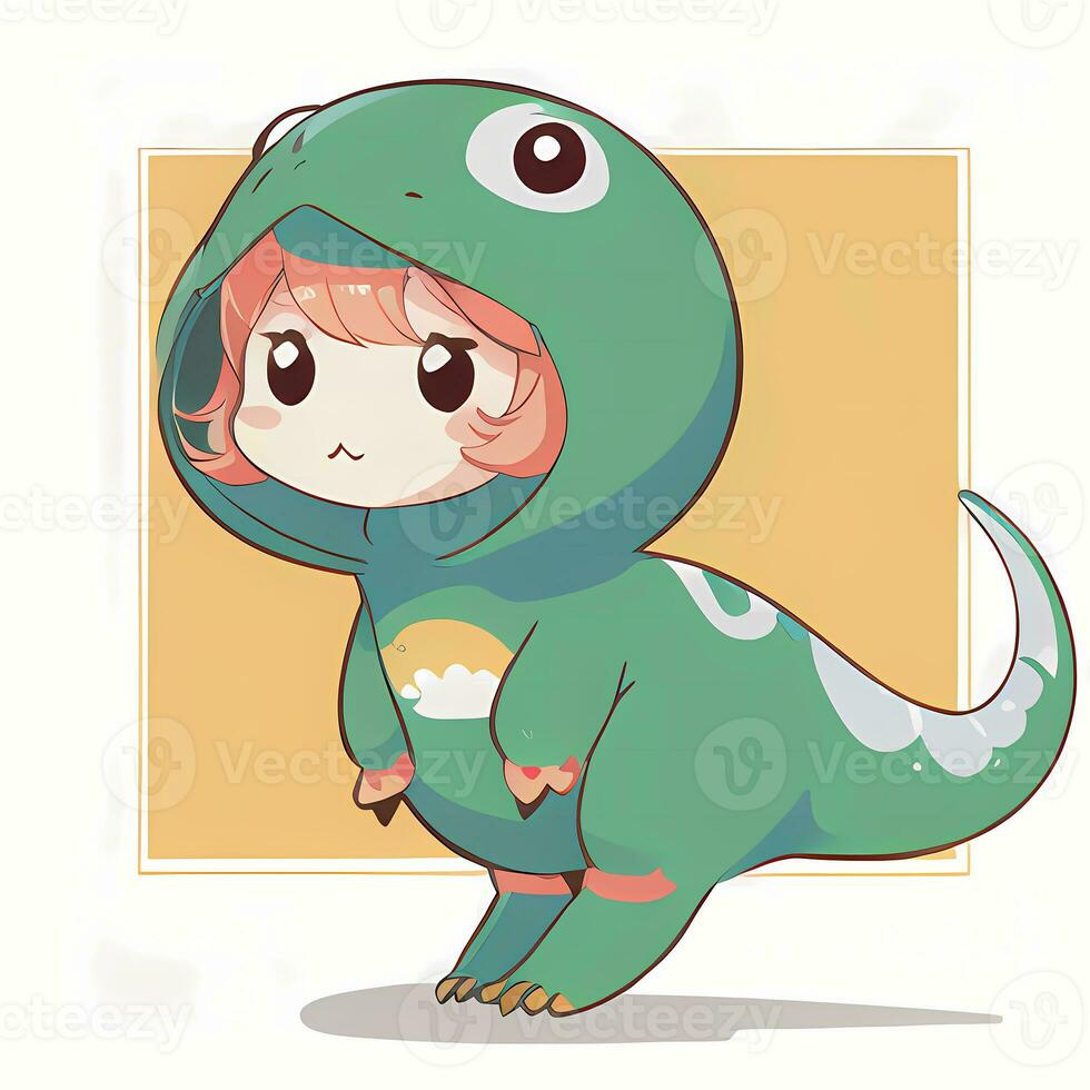 Cute Kawaii Chibi Anime Girl Sticker Cute Animal Suit Pajama Simple Colorful Background photo