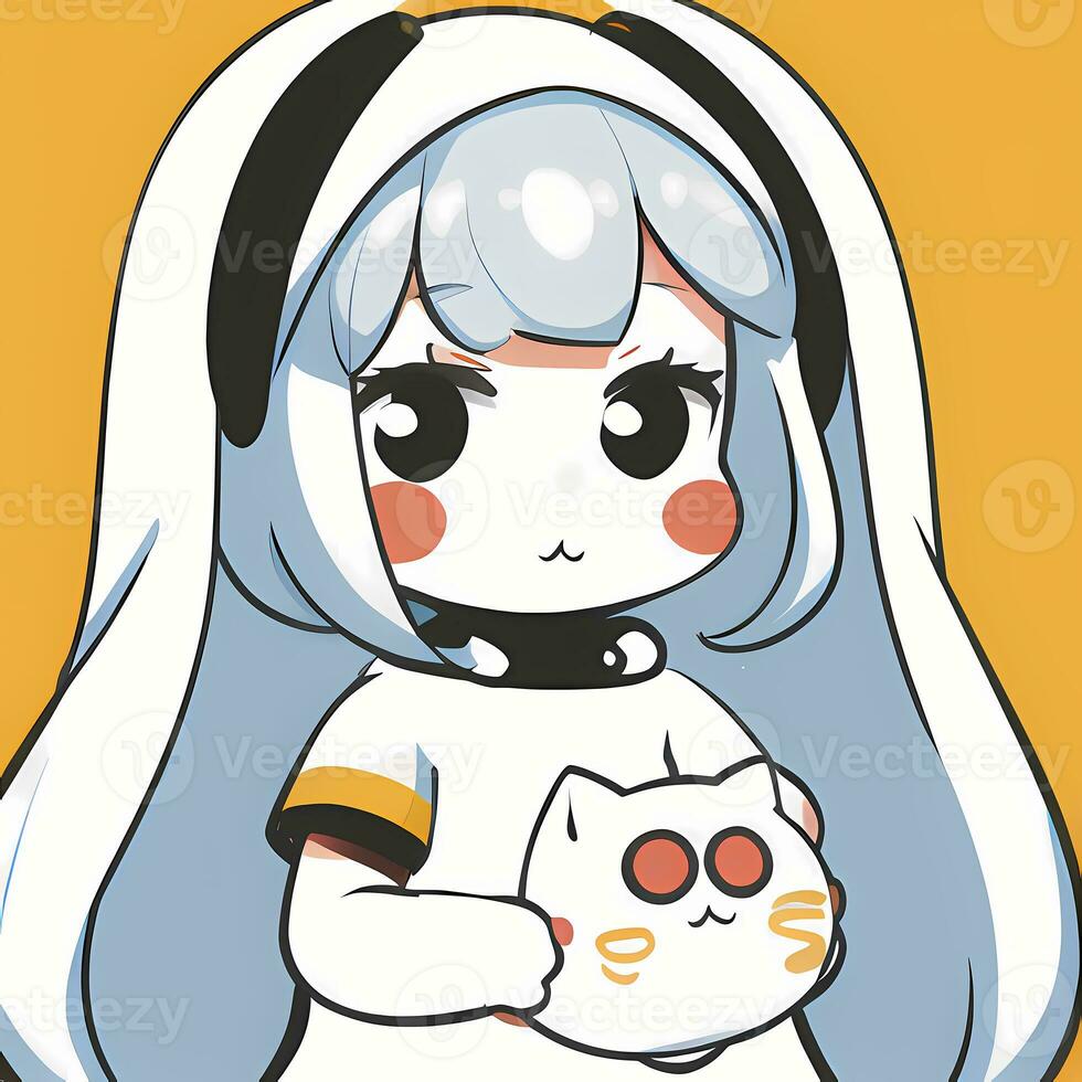 Cute Kawaii Chibi Anime Girl Sticker Cute Animal Suit Pajama Simple Colorful Background photo