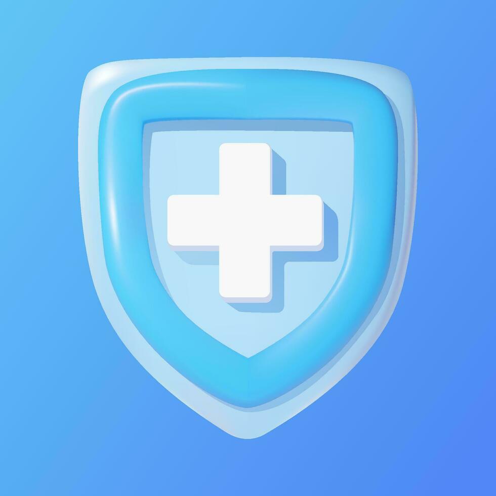 Blue shield with white cross. 3D vector icon.