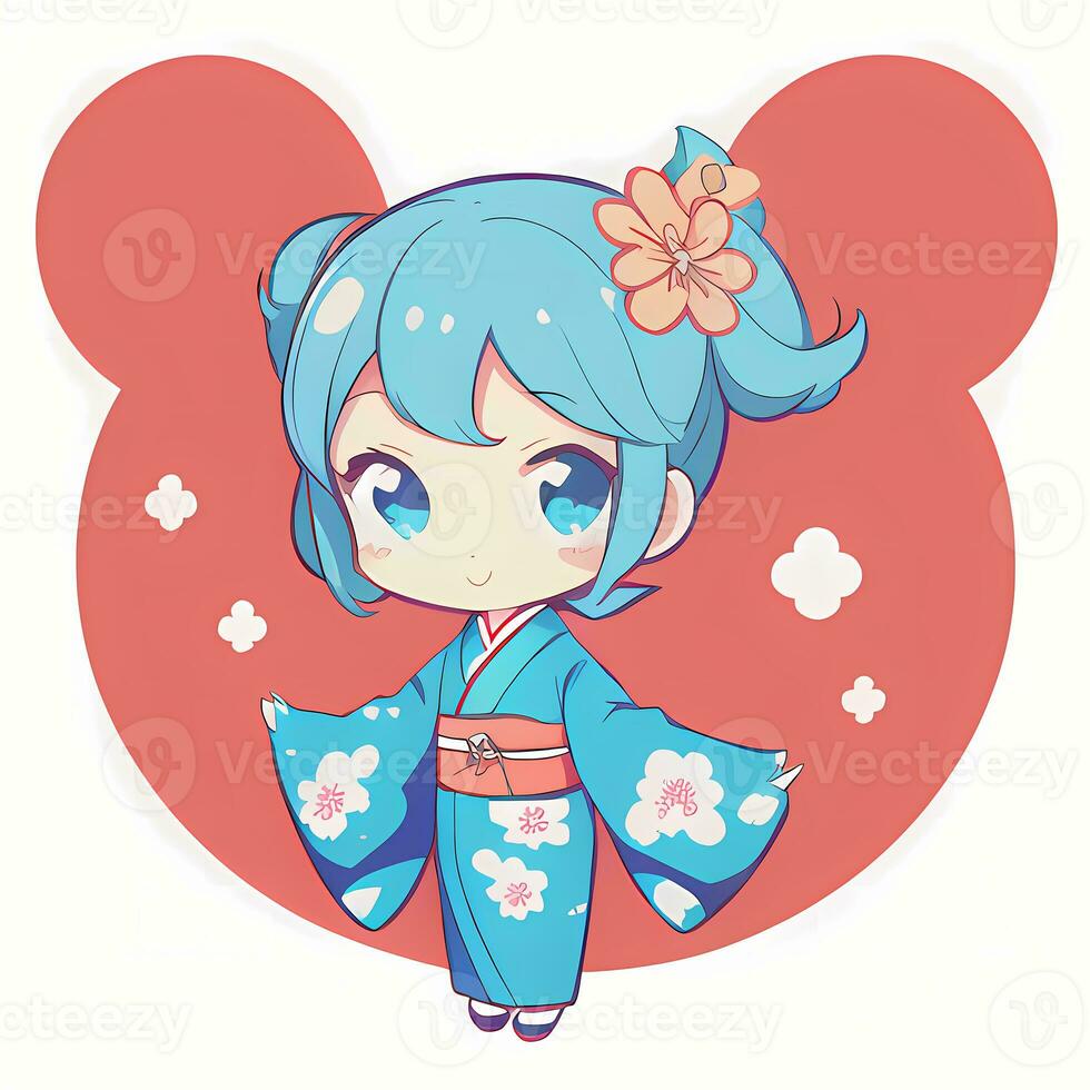 Cute Kawaii Chibi Anime Girl Sticker Cute Japanese Yukata Kimono Simple Colorful Background photo