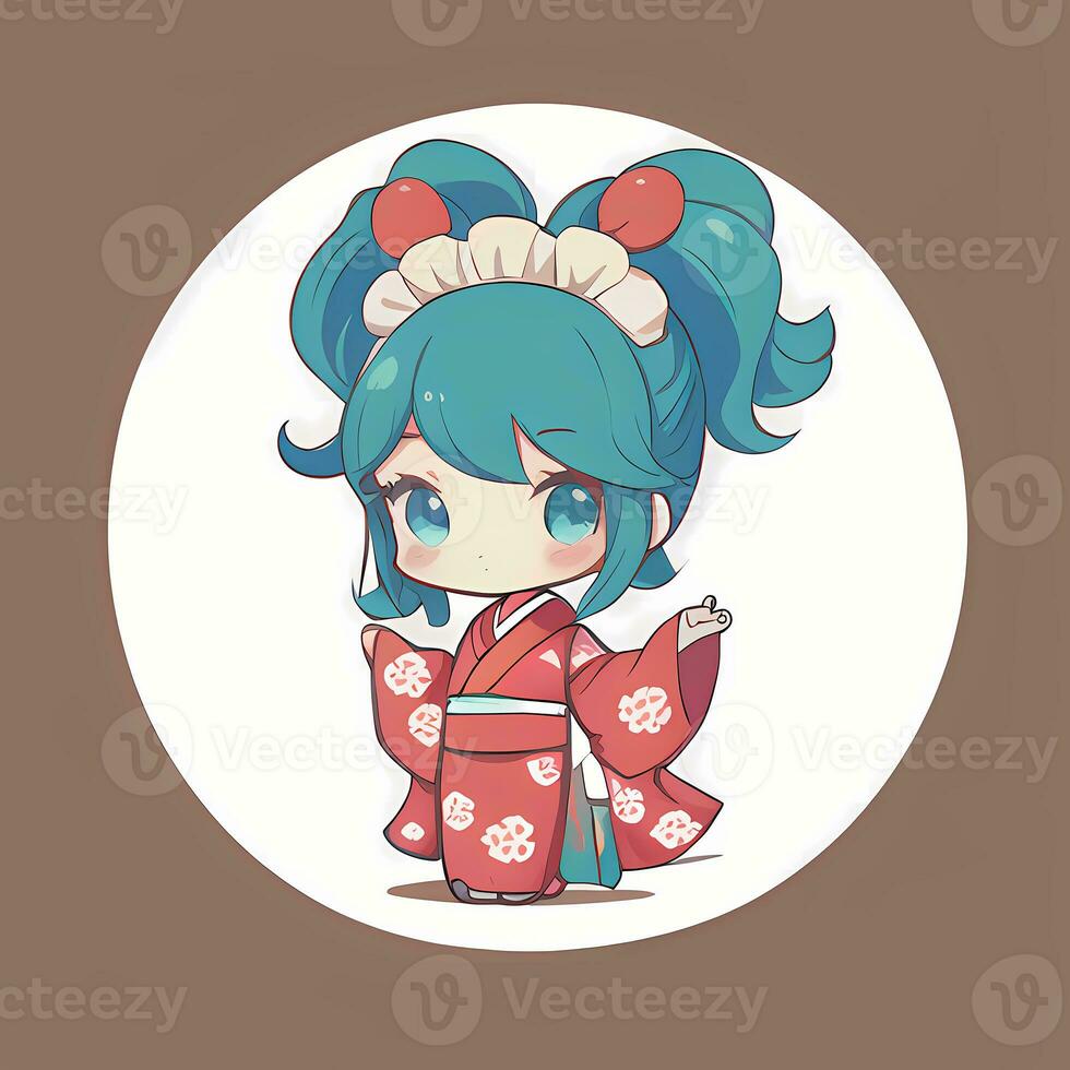Cute Kawaii Chibi Anime Girl Sticker Cute Japanese Yukata Kimono Simple Colorful Background photo