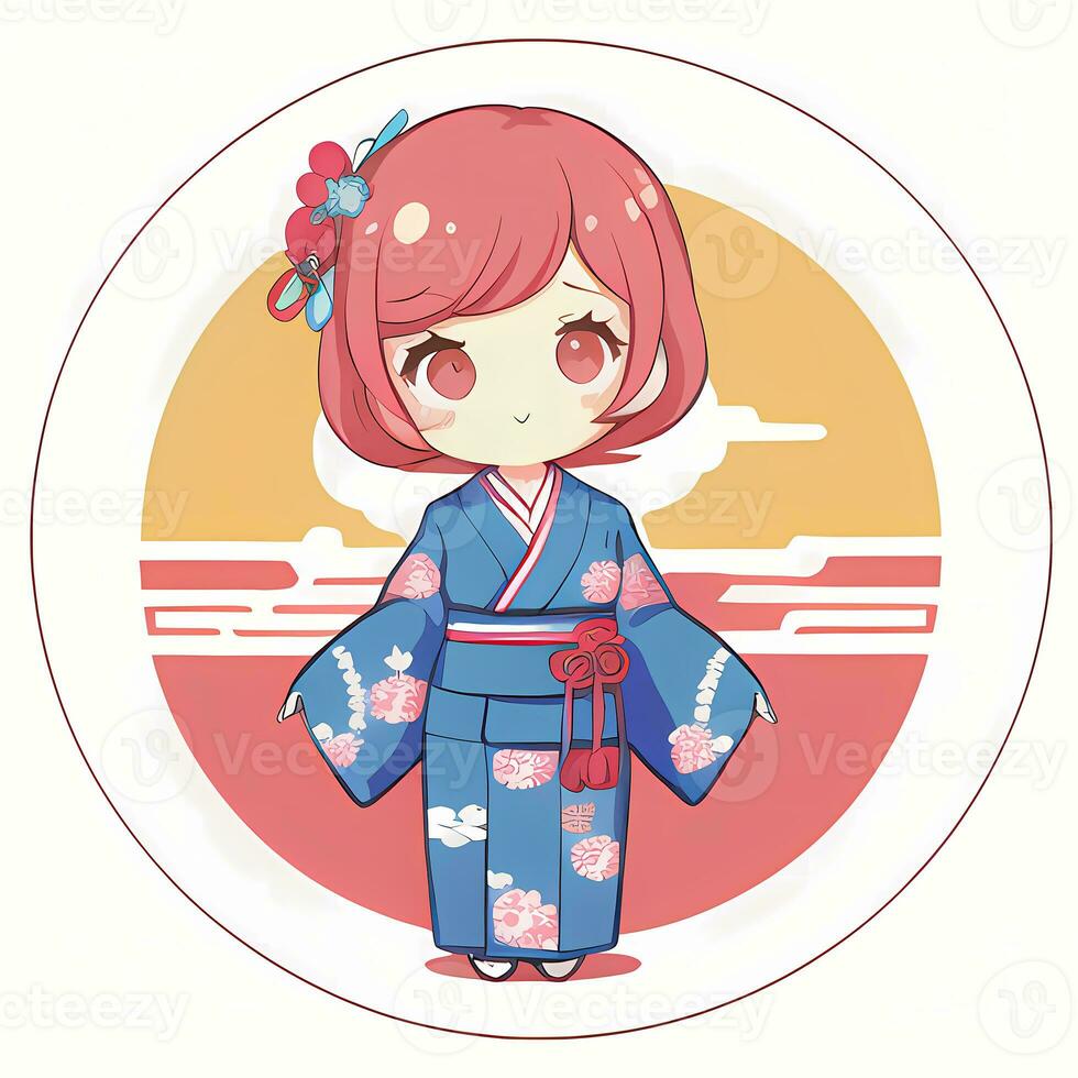 Cute Kawaii Chibi Anime Girl Sticker Cute Japanese Yukata Kimono Simple Colorful Background photo