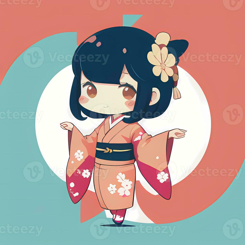 Cute Kawaii Chibi Anime Girl Sticker Cute Japanese Yukata Kimono Simple Colorful Background photo