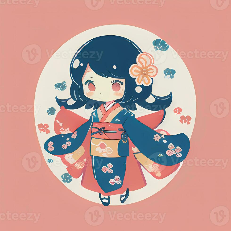 Cute Kawaii Chibi Anime Girl Sticker Cute Japanese Yukata Kimono Simple Colorful Background photo