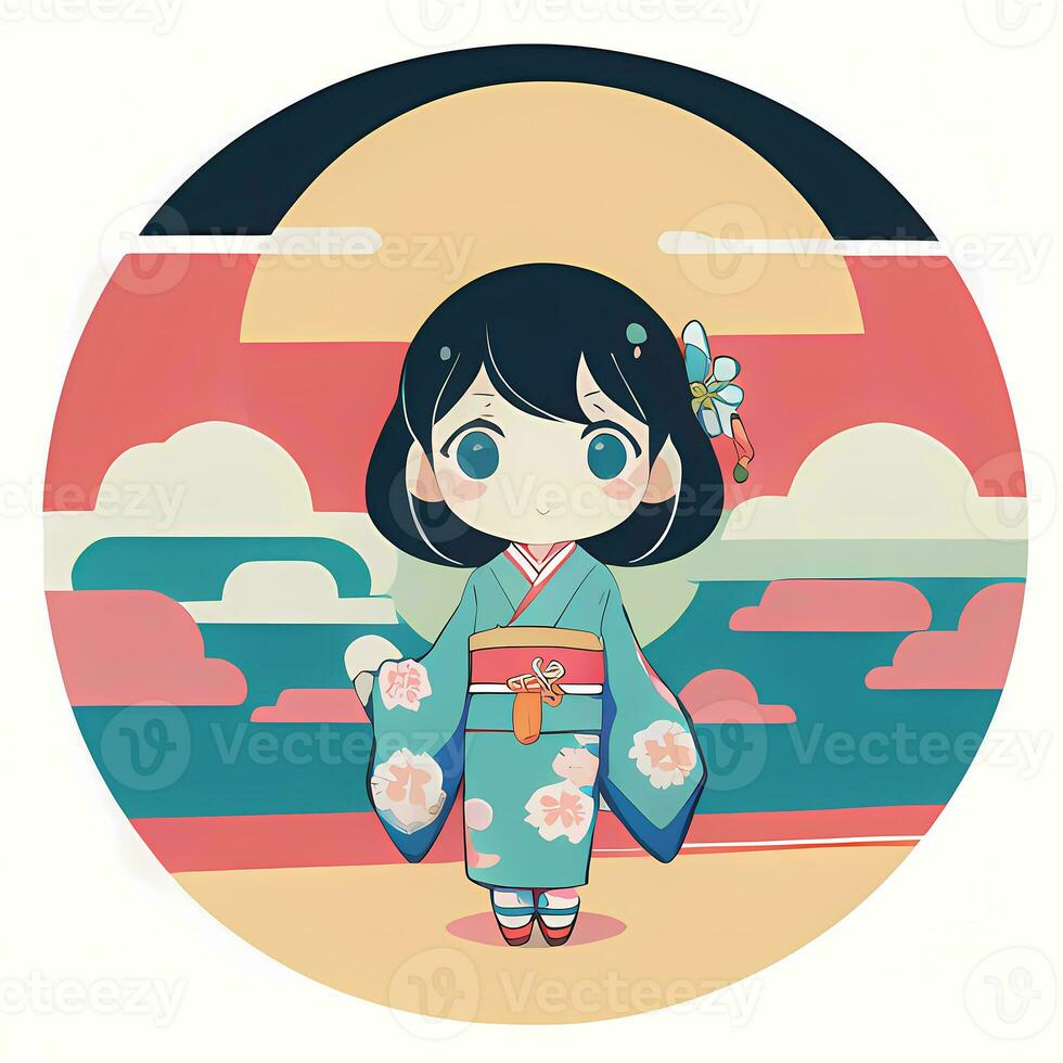 Cute Kawaii Chibi Anime Girl Sticker Cute Japanese Yukata Kimono Simple Colorful Background photo