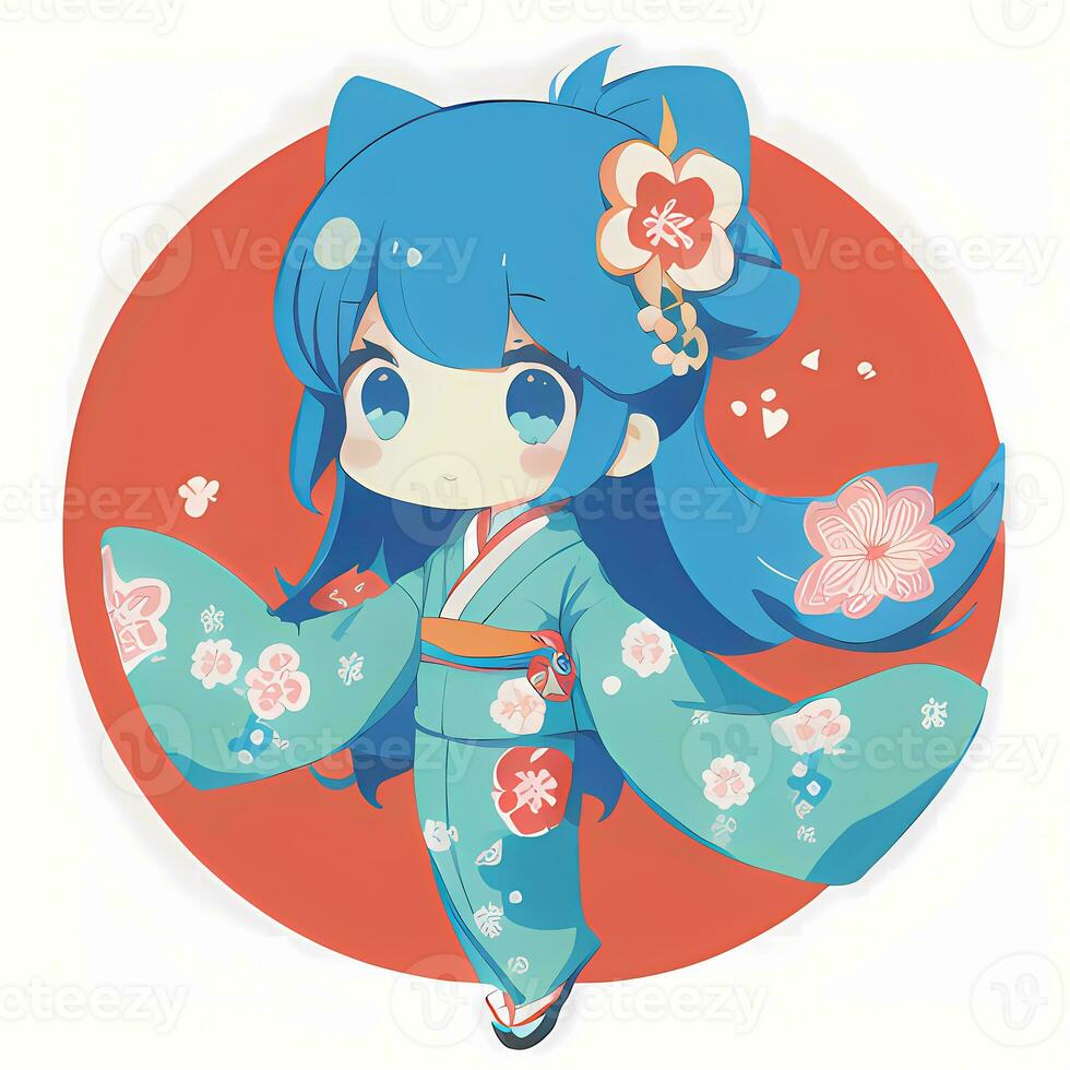 Cute Kawaii Chibi Anime Girl Sticker Cute Japanese Yukata Kimono Simple Colorful Background photo