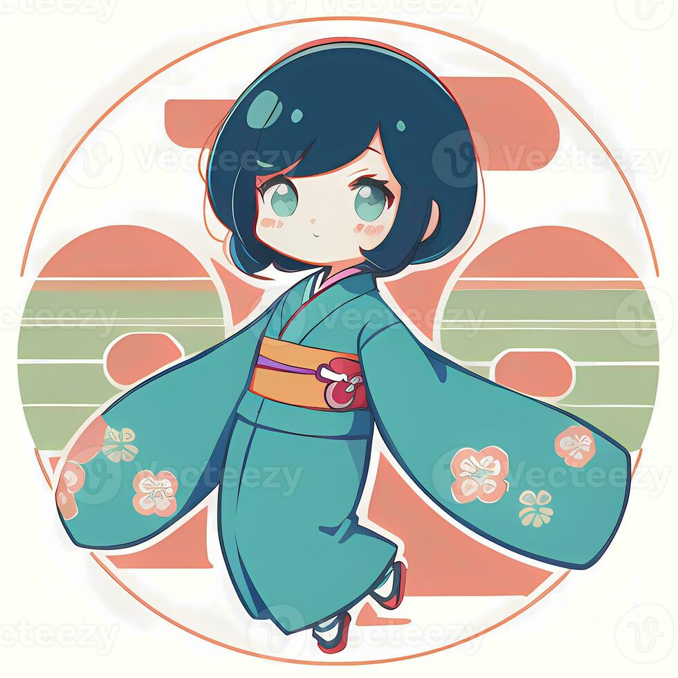 Cute Kawaii Chibi Anime Girl Sticker Cute Japanese Yukata Kimono Simple Colorful Background photo