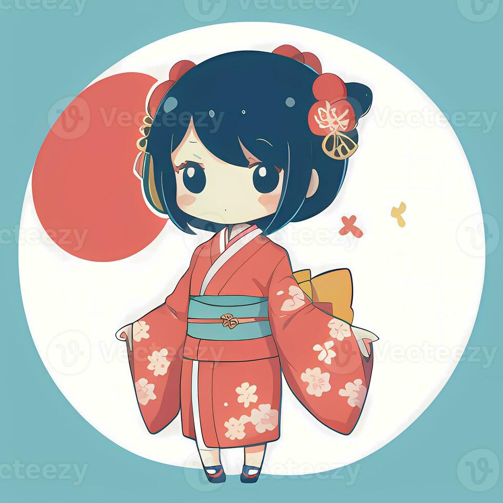 Cute Kawaii Chibi Anime Girl Sticker Cute Japanese Yukata Kimono Simple Colorful Background photo